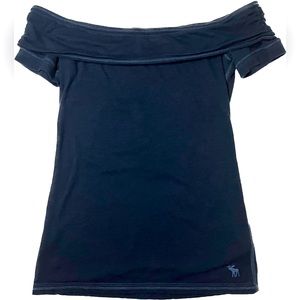 Abercrombie & Fitch Navy Blue Off the Shoulder Layered Neckline Top | Medium